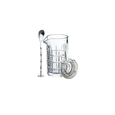 Imagen de set de coctelería BarCraft con vaso mezclador cristal tallado 500 ml capacidad, cuchara mezcladora acero inoxidable, colador espino para cócteles y libro recetas, 1