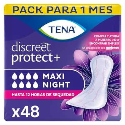 Imagen de TENA Discreet Protect+ Maxi Night x48: Compresas Nocturnas para Mujeres Máxima Protección y Confort al Acostarse, Absorción con InstaDRY™ Paquete Mensual de 48 unidades (6x8)