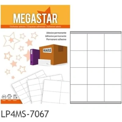 Imagen de Megastar LP4MS 7067 etiquetas adhesivas blancas 70 x 67,7 mm, 12 por hoja, caja de 100 hojas)