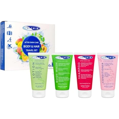 Imagen de TRISWIM Premium Conjunto de Viaje Después Nadar, Eliminación Cloro, Champú Anticloro, Gel Baño, Acondicionador Hidratante Pelo, Loción Corporal Regeneradora para Nadadores 4x90ml