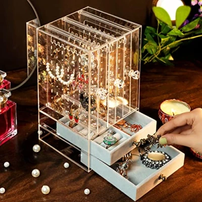 Imagen de BELLE VOUS Joyero Pendientes Acrílico y Organizador de Joyas 12,8 x 13 24,5 cm a Prueba Polvo Colgante con Cajón Terciopelo Collares, Anillos Brazaletes