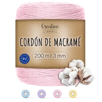 Imagen de Creative DECO 3mm x 200 m Cuerda Macramé Hilo Algodón Poliéster Rosa Pastel Espesor + 0.5 mm Cordón Rollo Grande Natural Grueso Fuerte Decoración Manualidades Artesanía Bricolaje y Embalaje