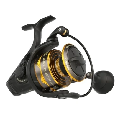 Imagen de PENN Carrete Giratorio Battle® IV, Pescador de Agua Salada Señuelo y Cebo para Peces mar, Robusto Aluminio ambidiestro 6000 Alta Velocidad Tamaño 6.2:1 Negro, Dorado Ahumado
