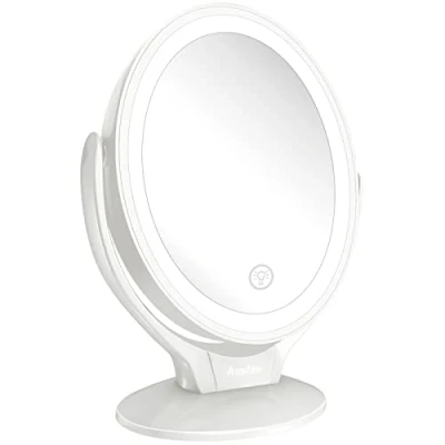 Imagen de Espejo de Maquillaje Doble Cara con Luces LED, Aumento 1x/7x Rotación 360, Pantalla Táctil Ajustable Brillo, Recargable, iluminador Portátil para Viajes …