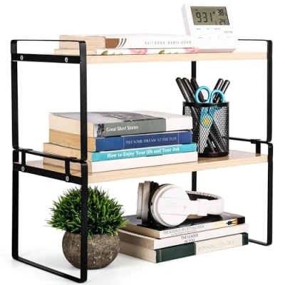 Imagen de BELLE VOUS Estanteria de Escritorio Estante Madera Apilable 2 Niveles para Mesa Oficina o Cocina Estanterias Almacenamiento Libros Utensilios Accesorios y Más