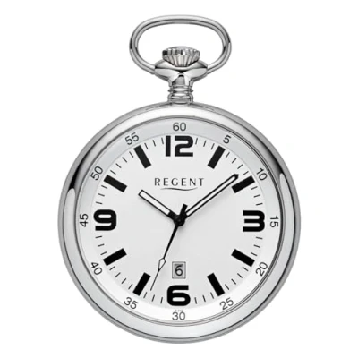 Imagen de REGENT Reloj de bolsillo para hombre acero inoxidable 50 MM Cuarzo Dial plata, Cuatro números arábigos fecha P 743, Clásico