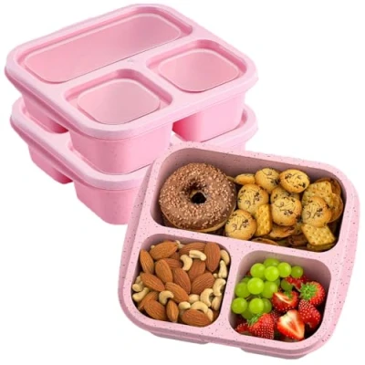 Imagen de ZHUIYIWIN Cajas de aperitivos (paquete 3), loncheras Bento reutilizables con 3 compartimentos para niños y adultos, recipientes divididos almacenamiento alimentos la escuela (Rosa, 3)