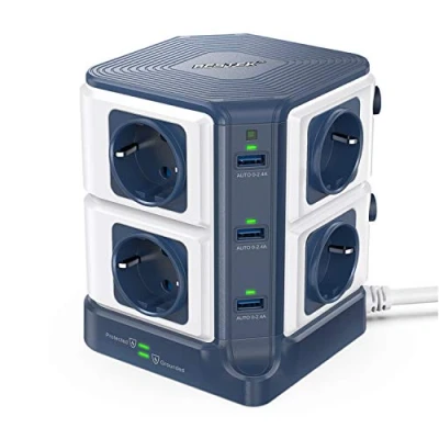 Imagen de BESTEK 1500J Torres Regleta Enchufes de 8 Tomas UE y 6 Rapida USB, SPD Protección contra Sobretensiones Interruptor, Vertical Ladron Alargador, Base Múltiple, Tapón Seguridad, 3600W/16A