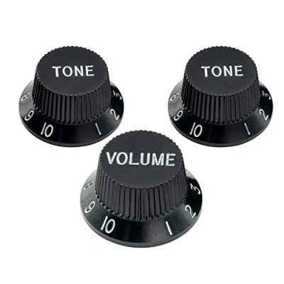 Imagen de Musiclily Pro Tamaño Métrico 18 Splines Botones de Potenciómetros 2 Tono 1 Volumen Strat Perillas Set para Asia Import Guitarra o Bajo Split Shaft Pots, Negro
