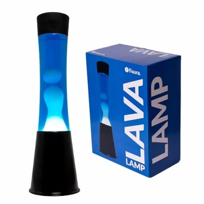 Imagen de Fisura Lámpara de lava blanca y azul años 70. Base color negro, líquido blanca. efecto relajante. Medidas: 11 cm x 11cm 39,5 cm.