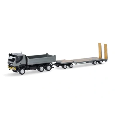 Imagen de Herpa Miniatura del camión Iveco Trakker 6x6 volquete con Remolque TU4, Escala 1/87, maqueta de colección, modelismo, Modelo aleman, Figura plástico