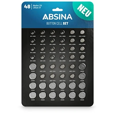 Imagen de ABSINA Pack de 48 Pilas botón Alcalinas &amp; Litio 4X AG1 LR621 / AG3 LR41 8X AG4 LR66 AG10 LR1130 AG13 LR44 CR2016 CR2025 CR2032 Pila 1,5V 3V Baterías