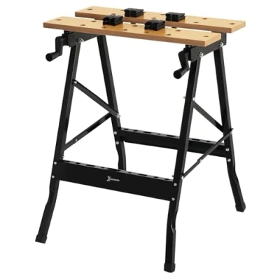 Imagen de DURHAND Banco de Trabajo Plegable Mesa Portátil con 4 Abrazaderas Agujeros para Sierra Uso Doméstico Carpintería Hierro MDF Soporta 70 kg 56x62x75 cm Natural Negro