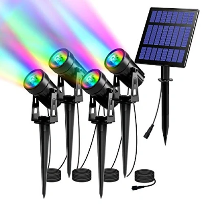 Imagen de T SUN Luces Solares LED Exterior Jardin, 4 en 1 Foco Solar con RGB 6 Cambio de Color 2 Nivels Brillo Ajustables Impermeable 270º Gran Angular Luz Iluminación para Camino Césped Entrada.