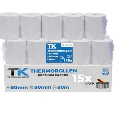 Imagen de papel termico 80x80 Rollo para impresora termica Rollos de tickets 80mm 80x80x12 caja registradora negocio y bar (15 ud.)