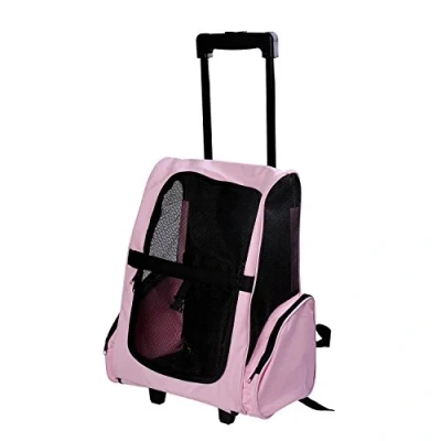 Imagen de PawHut Transportín 2 en 1 para Mascotas Mochila o Carrito de Viaje Perro y Gato con Ruedas Asa retráctil Aluminio Bolsillos 42x25x55 cm Rosa