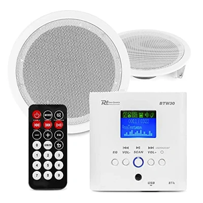 Imagen de Power Dynamics BTW30SET Sistema de Audio Pared con Dos Altavoces Techo 5&quot;, Cable 5 Metros, 15 vatios, Blanco, fácil instalación, sintonizador FM y Puerto USB, Amplificador Clase D