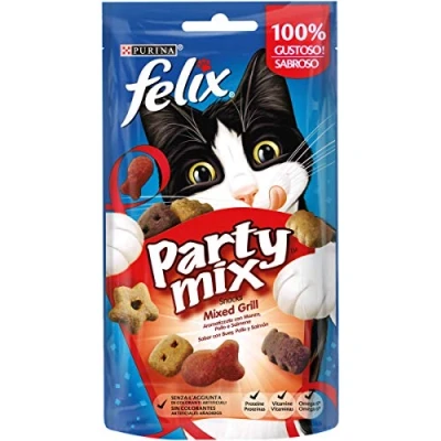 Imagen de Felix Purina Party Mix Grill, Snack, premio para Gato con Buey, Pollo y Salmón, 8 bolsas de 60g