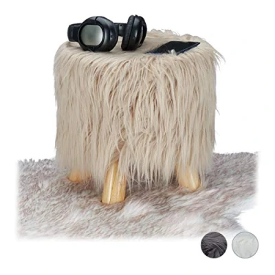 Imagen de Relaxdays Taburete Bajo de Pelo Sintético Suave con 4 Patas, DM, Madera Pino y Poliéster, Marrón, 31 x cm