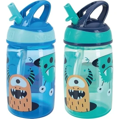 Imagen de Nuby Mighty Swig Botella de agua para niños pequeños, 360 ml, asa transporte, apta lavavajillas y microondas, 18 meses en adelante (monstruos, paquete 2), 048526890392