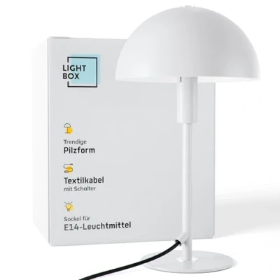 Imagen de Lightbox Pilz Tischlampe Home Office Schreibtischlampe mit Wipp Schalter LED Lampe als Nachttischlampe, Büro und Schreibtisch Zubehör E14 Fassung aus Metall in Weiß Silberfarben
