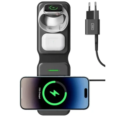Imagen de INIU Cargador Inalambrico 3 en 1 de Viajar, Base Carga Magsafe 15W Rapida para iPhone 16 15 Pro MAX 14 13 12 y Apple Watch Series 9 8 7 6 5 4 SE Ultra, AirPods 2 ECC.