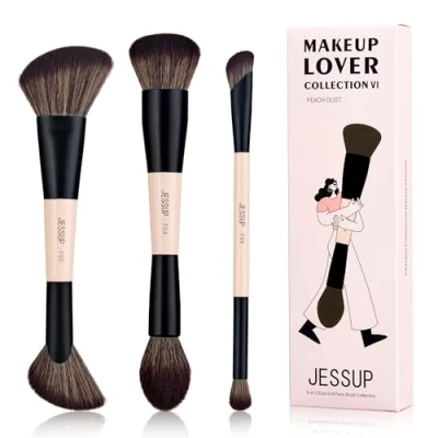 Imagen de Jessup Brochas de Maquillaje Facial, 6 en 3 Juego Doble Punta para Base, Contorno, Rubor, Resaltador y Polvo,Sintéticas Pinceles Peach Dust T508