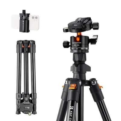 Imagen de K&amp;F Concept Trípode Cámara,163CM Viaje para Cámara,Trípode Ligero en Aluminio, de Movil con Soporte Teléfono,Tripode Canon Reflex Rótula Bola Cámara DSLR (Solo 1.16kg)