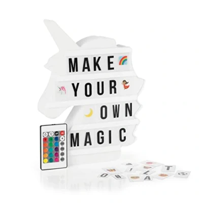 Imagen de EASYmaxx Caja de luz LED para mensajes texto personalizados MegaSet con 150 emojis colores y 173 letras, números símbolos intercambiables [unicornio]