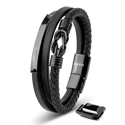 Imagen de SERASAR Pulsera Hombre 23cm Oro Negro Cuero Joyas Trenzada Wrap