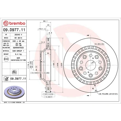 Imagen de BREMBO 09.D977.11 Disco de freno 335 25 5 ventilación interna revestido
