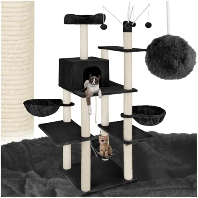Imagen de tectake® Rascador para Gatos, Árbol Hamaca, Plataformas, Bolas de Juego, Gato, Juguetes Plataforma Descanso, Protección Antivuelco Negro