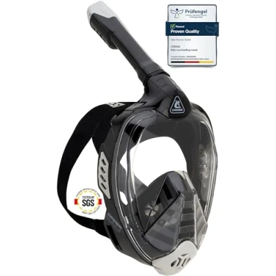 Imagen de CRESSI Bali Full Face Mask Black/Grey L/XL Máscara Integral Unisex para Snorkeling, Lente Ultra Transparente Antivaho, 100% Silicona, Tubo Seco con Válvula, Apoyo Action CAM, Negro/Gris,
