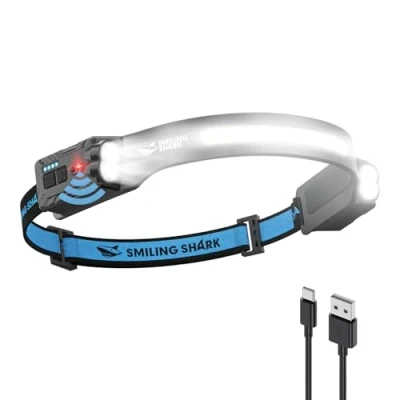 Imagen de Smiling Shark Lámpara Frontal, Headlamp Recargable 2400mAh Ultra Luminosa con Luz Blanca &amp; 2 Luces Spot Rotativas de 270, Linterna Cabeza Sensor Movimiento para Senderismo Camping Reparaciones