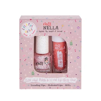 Imagen de Miss Nella Pink Secret Lips &amp; Tips duo Brillo de labios perfumado + Esmalte uñas con purpurina para niños, fórmula despegable, a base agua