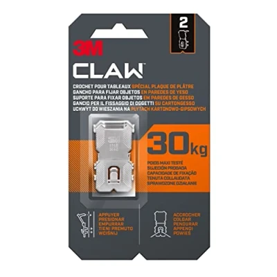 Imagen de 3M CLAW Ganchos para colgar cuadros en paredes de yeso, 2 Soporta hasta 30 kg Adecuado fijar objetos pesados, Espejos, Decoración del hogar Sin herramientas