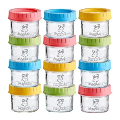 Imagen de PandaEar Jheppbay (Paquete de 12) frascos vidrio para Bebés Congelador reutilizable 4 oz recipientes pequeños con tapas impermeables a prueba fugas Niños