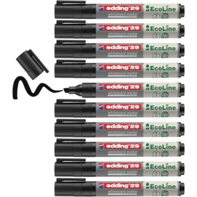 Imagen de edding 29 EcoLine marcador para pizarras blancas negro 10 rotuladores punta biselada 1 5mm rotulador pizarra blanca, borrado en seco flipchart, tablón de notas recargable