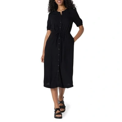 Imagen de Amazon Essentials Vestido evasé Midi Ajustado en la Cintura de Corte Holgado con Media Manga Mujer, Negro, M