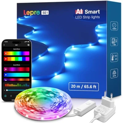 Imagen de Lepro SE1 AI Tira LED 20M, Luces Habitación RGB, Sincronización Música, Asistente de Diseño Iluminación LLM, Funciona con Alexa y Google Assistant, Cinta WiFi para Fiesta, TV, Gaming
