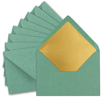 Imagen de 25 sobres DIN C5, 15,6 x 22 cm, de papel kraft en color verde eucalipto con forro seda dorado, pegado húmedo, blanco reciclado, serie Umwelt