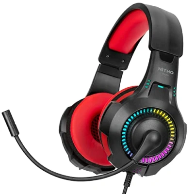 Imagen de NITHO NX200 Auriculares Gaming para PS4/PS5/Xbox Series X/S/Xbox One/PC/Móvil/Tablet, Juegos con Micrófono Cardioide Plegable y Efecto de Luz RGB Rojo