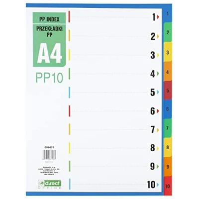 Imagen de D.RECT Separadores para A4, PP10, 10 hojas separadoras, pestañas con número 1 10, multicolor