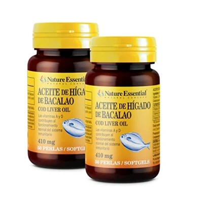 Imagen de Nature Essential Aceite de Hígado Bacalao 410 mg 50 Perlas Pack 2 Unidades Ayuda al Sistema Inmune, Memoria y contra el Cansancio Rico en Omega 3