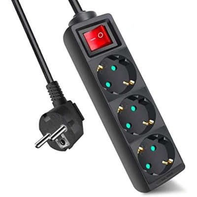 Imagen de EXTRASTAR Regleta con 3 Enchufes e Interruptor, Cable 3M, para el hogar, Oficina y Viajes, MAX 3680W, 16A, 250V, Negro, 1pc