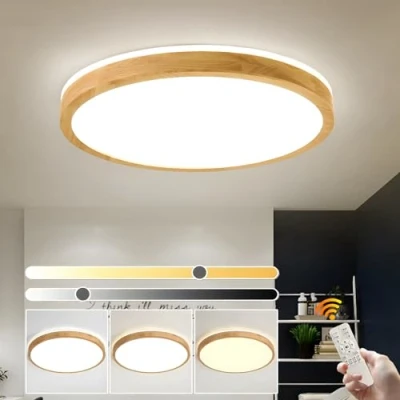 Imagen de YYUTLUO lámpara techo LED de madera, madera natural redonda con brillo superior 360​​ Regulable mando distancia 2700K 6500K 48W Salón Comedor Pasill Hogar Oficina Habitación(Ø60cm)