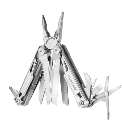 Imagen de Swiss+Tech Alicate Multiuso 16 en 1, Navaja Multiusos de Acero Inoxidable, Multiherramienta Plegable Color Negro, Multifunción con Alicates, Navaja, Sierra para Acampada, Senderismo, etc