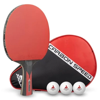 Imagen de JOOLA Carbon Speed Raqueta de Ping Pong Profesional + 3 Pelotas 1 Bolsa Portátil Tenis Mesa, Rojo/Negro, 5 Piezas