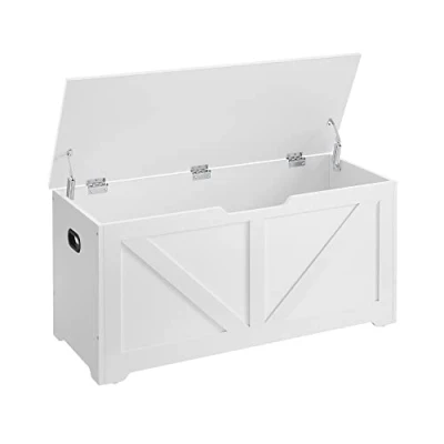 Imagen de VASAGLE Puff Almacenaje, Banco Almacenaje con 2 Bisagras de Seguridad, Baúl Zapatero, Estilo Campo, 40 x 100 46 cm, para Pasillo Dormitorio Salón, Blanco Nube LSB060T14