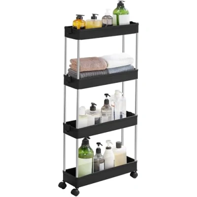 Imagen de SONGMICS Carro de Almacenamiento 4 Niveles, Carrito con Ruedas, Cocina, Ahorro Espacio, para Baño, Oficina, 12,5 x 40 88 cm, Negro Tinta KSC008B01
